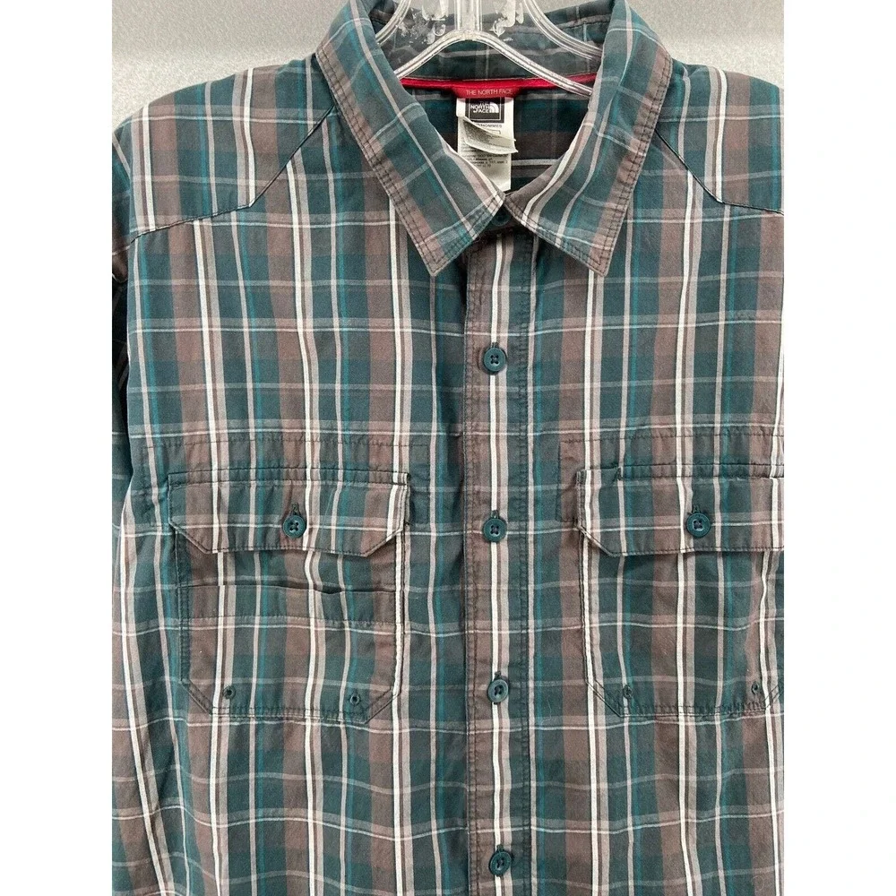 North Face Shirt Mens Sz L Green Gray‎ Plaid Button Up Cotton Collared Pockets